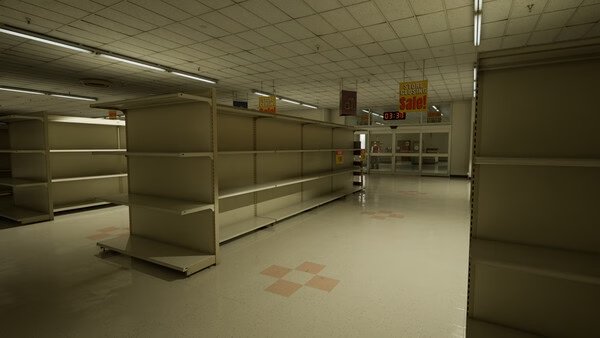 Screenshot from Backrooms: Escape Together showing empty shelves in a dimly lit, eerie supermarket setting.