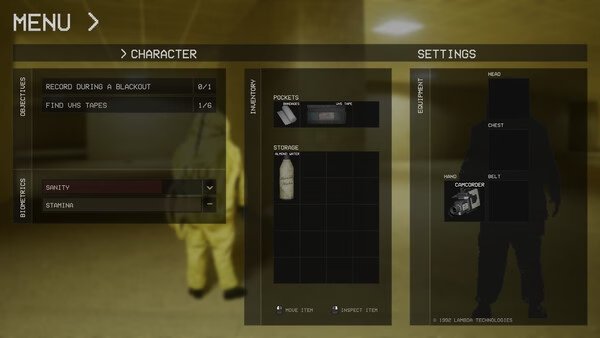 Screenshot from Backrooms: Escape Together showing a character menu with inventory, equipment, and character attributes.