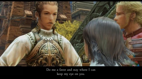 Screenshot from FINAL FANTASY XII THE ZODIAC AGE showing characters in conversation in a detailed, medieval-inspired city setting.