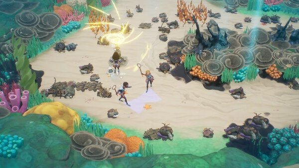 In the Coral Island screenshot, two characters use nets to catch crabs on a colorful, coral-filled beach.