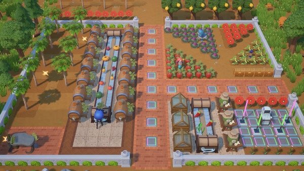 Screenshot of Coral Island showing a well-organized farm with crops, fruit trees, and various farming equipment neatly arranged.