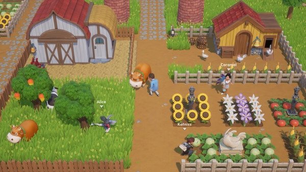 Coral Island screenshot: A farm scene with cows, chickens, crops, flowers, and named animals like Alice and Caramel in vibrant surroundings.