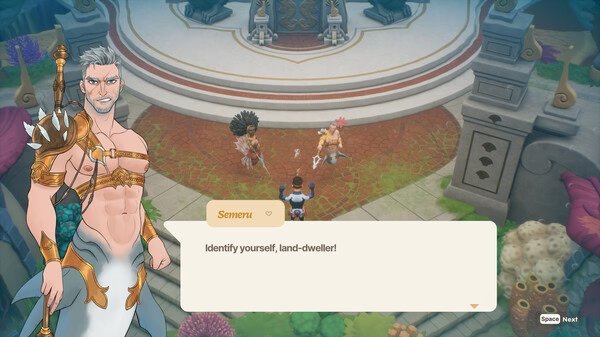 Coral Island screenshot: A character named Sernem confronts the player in front of an ornate structure, demanding identification.