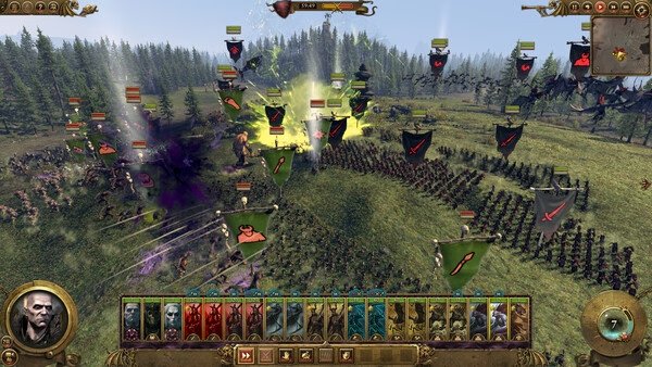 Battle scene in Total War: WARHAMMER screenshot, showing armies clashing with magic effects and unit banners in a forested area.
