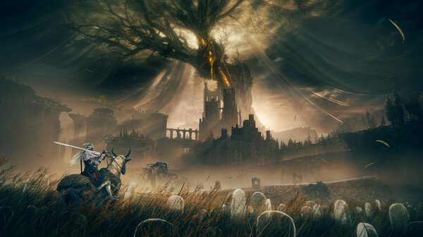 A screenshot of ELDEN RING Shadow of the Erdtree shows a knight on horseback facing a massive, glowing tree amidst a dark, eerie landscape.