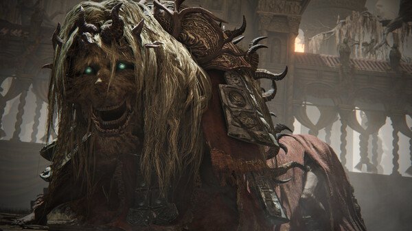 Screenshot from ELDEN RING Shadow of the Erdtree showing a menacing, armored lion-like creature with glowing eyes in a dim, ornate setting.