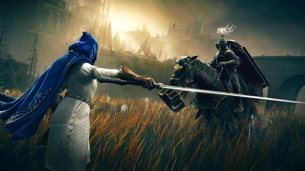 A screenshot from ELDEN RING Shadow of the Erdtree showing a cloaked figure battling a knight on horseback in a grassy field.