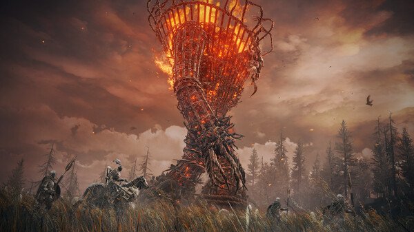 Screenshot from ELDEN RING Shadow of the Erdtree showing a fiery, twisted tower surrounded by warriors and a haunting forest.
