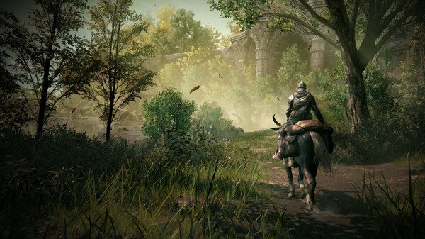 Screenshot from ELDEN RING Shadow of the Erdtree showing a lone armored figure on horseback in a lush, forested landscape.