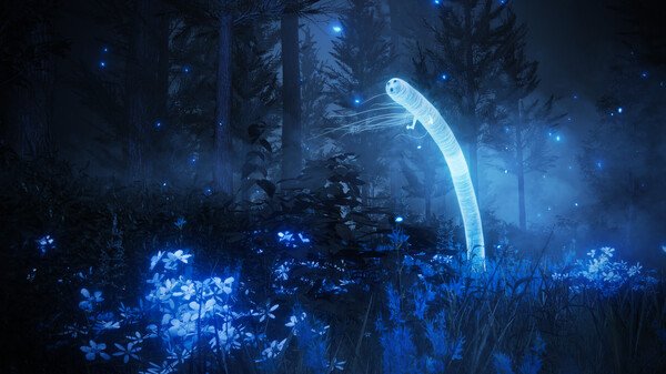 Screenshot from ELDEN RING Shadow of the Erdtree showing a glowing ghostly creature amidst luminous blue flowers in a misty forest.
