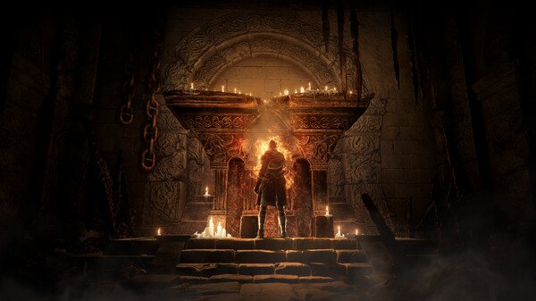 ELDEN RING Shadow of the Erdtree screenshot: A lone figure stands before a fiery, ancient altar in a dimly lit stone chamber.