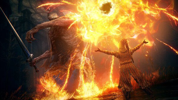 Screenshot from ELDEN RING Shadow of the Erdtree shows a fiery battle between a towering creature and a player character casting a spell.