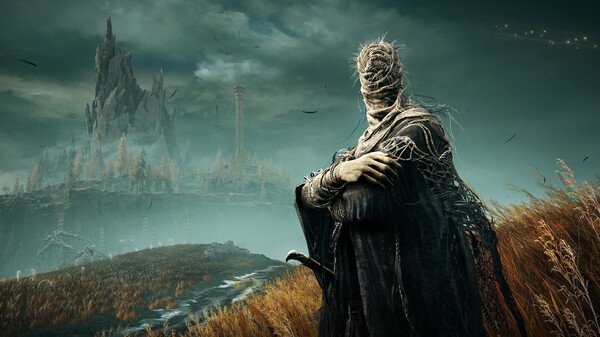 Screenshot from ELDEN RING Shadow of the Erdtree showing a cloaked figure in a desolate landscape with distant ruins.