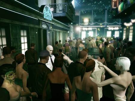 Hitman: Blood Money screenshot showing Agent 47 walking through a crowded, lively street with neon lights and bustling activity.