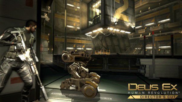 Deus Ex: Human Revolution Director's Cut screenshot: Character in armor holds a rifle, crouching near a robotic drone in an industrial setting.