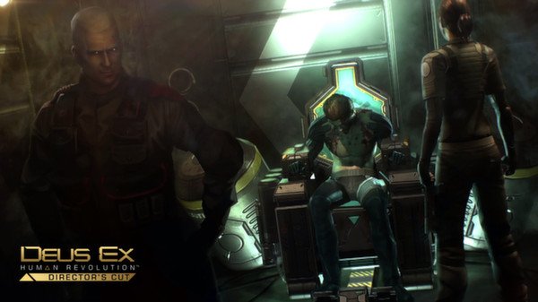 Screenshot from Deus Ex: Human Revolution Director's Cut showing a man seated in a futuristic chair with two people nearby.