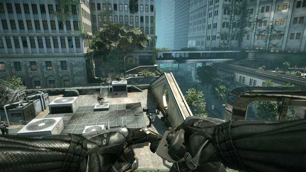 Crysis 2 Remastered screenshot: A player views a rooftop scene with weapons drawn, surrounded by urban buildings and trees.