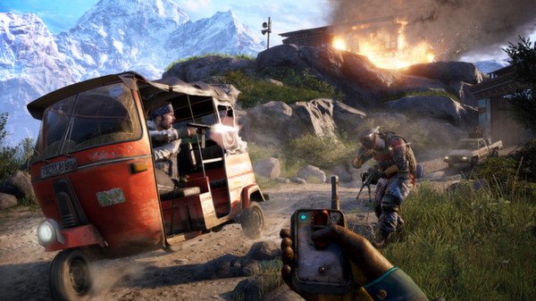 Far Cry 4 screenshot showing a player holding a detonator, an exploding building, and a chaotic fight near a red vehicle in a mountainous area.