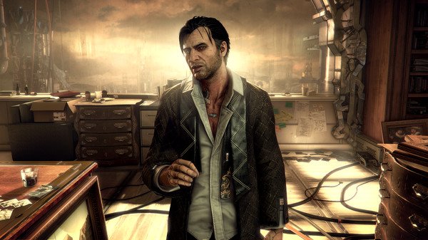 A screenshot from Deus Ex: Mankind Divided shows a man standing in a cluttered room with a futuristic cityscape visible outside.