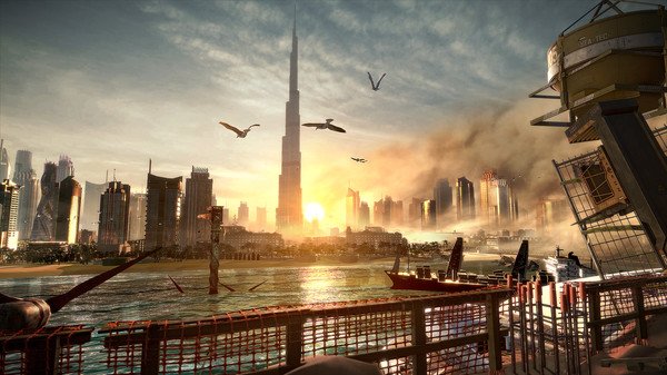 Screenshot from Deus Ex: Mankind Divided showing a futuristic cityscape at sunset, with tall skyscrapers and birds in the sky.