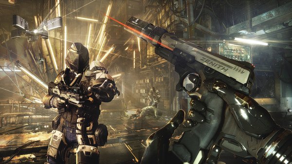 Deus Ex: Mankind Divided screenshot showing an armed soldier and a detailed futuristic weapon in a dimly lit industrial setting.