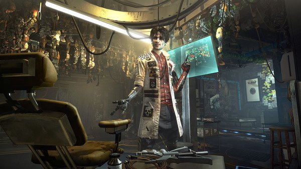 A screenshot from Deus Ex: Mankind Divided showing a futuristic lab with a scientist examining a glowing digital screen.