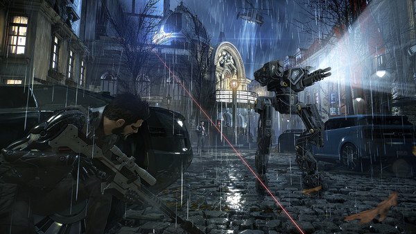 Deus Ex: Mankind Divided screenshot: A character with a weapon hides behind a car, facing a large mech on a rainy street.