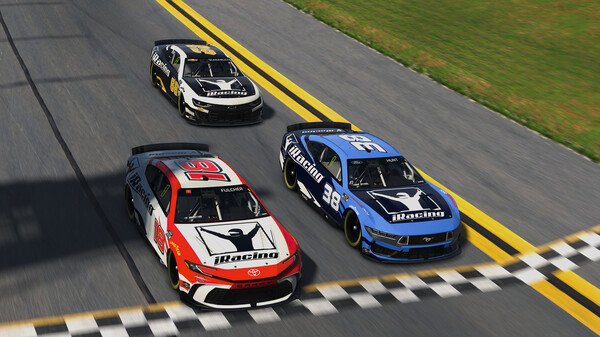Three race cars compete on a track in iRacing. The screenshot shows intense action near the finish line.