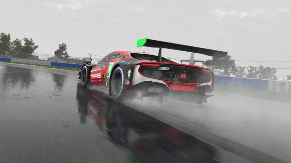 iRacing screenshot: A sleek race car speeds through a wet track, leaving a trail of mist behind, with trees visible in the background.
