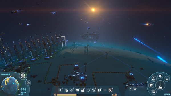 Dyson Sphere Program screenshot showing a futuristic factory with solar panels and a planet under a glowing sun in space.