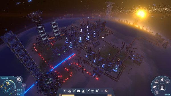 Screenshot from Dyson Sphere Program showing a complex factory setup on a planet with a star rising in the background.