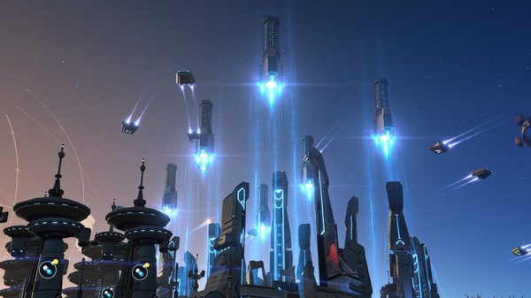 Screenshot of Dyson Sphere Program showing futuristic towers, glowing blue lights, and flying spacecraft against a dusk sky.