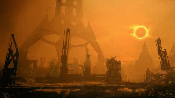 Mass Effect 2 screenshot: A desolate, orange-hued landscape featuring ruins and a bright sun, evoking a post-apocalyptic setting.
