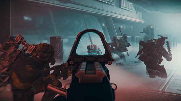 GTFO screenshot: Players in heavy gear aiming weapons inside a dimly lit, foggy industrial environment with visible machinery and graffiti.