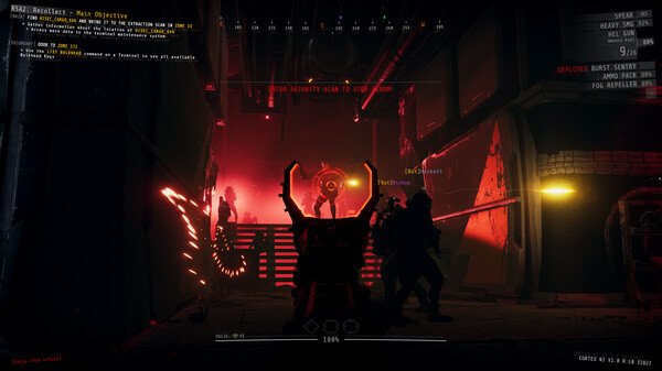 GTFO screenshot showing a team navigating a dimly lit corridor with red lighting, preparing for a security scan.