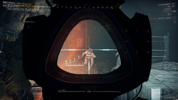 Screenshot from GTFO showing a player aiming at a humanoid enemy through a gun scope in a dimly lit, industrial setting.