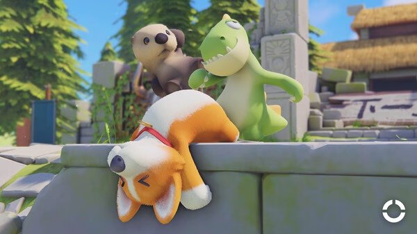 Party Animals screenshot: A dog, a crocodile, and a bear playfully interact on a stone platform in a vibrant outdoor setting.