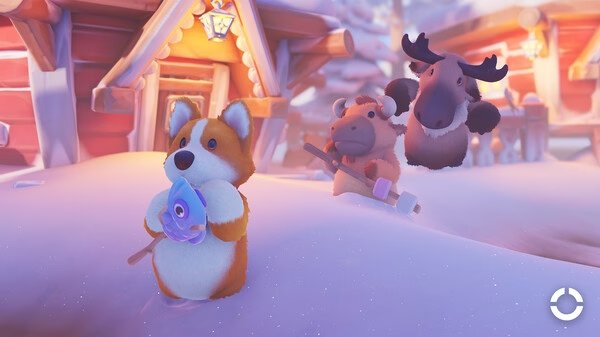 Party Animals screenshot: A corgi holding a fish stands in snowy terrain, while a moose and another animal approach from behind.