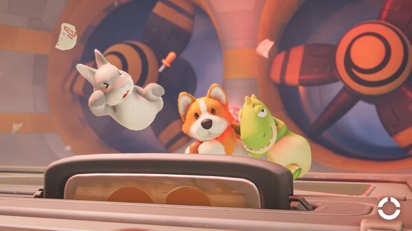 Screenshot from Party Animals showing a corgi, a bunny, and a crocodile in a playful brawl inside a colorful, mechanical setting.