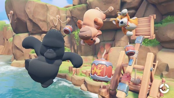 Screenshot from Party Animals showing a gorilla, a pig, and a corgi mid-air over a colorful, rocky seaside environment.