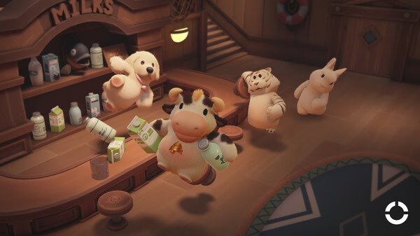 Screenshot from Party Animals showing cute, plush-like animals in a milk bar setting, including a cow, dog, tiger, and bunny.