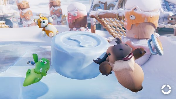 Party Animals screenshot: A moose, corgi, and green character slide on icy terrain in a snowy environment filled with playful details.
