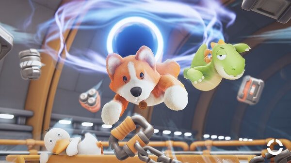 Screenshot from Party Animals showing a corgi, green dinosaur, and duck floating in a spaceship with a blue portal.