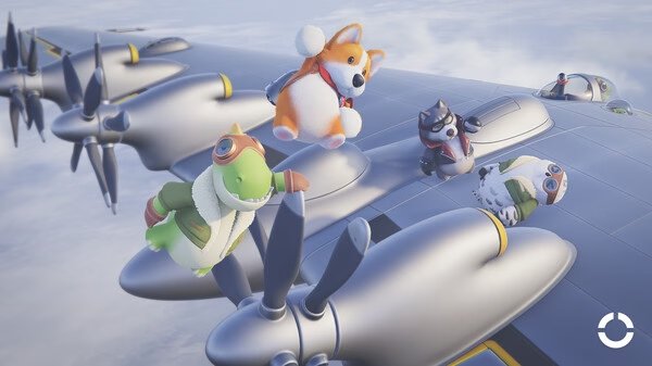 Screenshot from Party Animals showing cute animal characters on a flying plane, including a corgi, duck, and others in action.