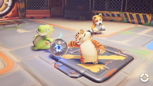 Screenshot from Party Animals shows a tiger character holding a glowing ball, with a dinosaur and a corgi nearby.