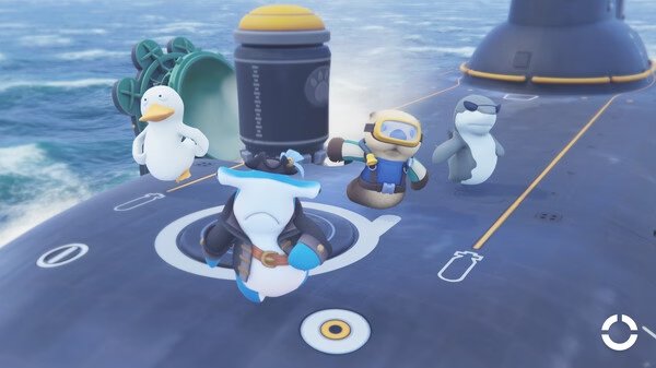 Screenshot from Party Animals showing cartoon animals, including a shark and duck, playfully interacting on a submarine.