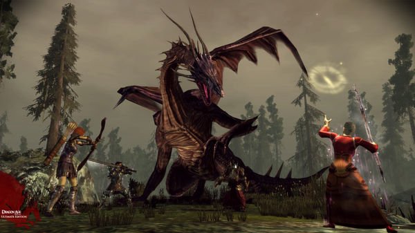 Screenshot from Dragon Age: Origins shows a battle scene with a group of characters fighting a large dragon in a forested area.