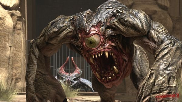 Screenshot from Serious Sam 3: BFE shows a large, one-eyed monster with sharp teeth in a desert setting, ready to attack.