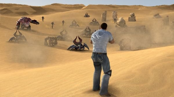 Serious Sam 3: BFE screenshot showing the protagonist facing alien enemies in a dusty desert with scattered ruins in the background.