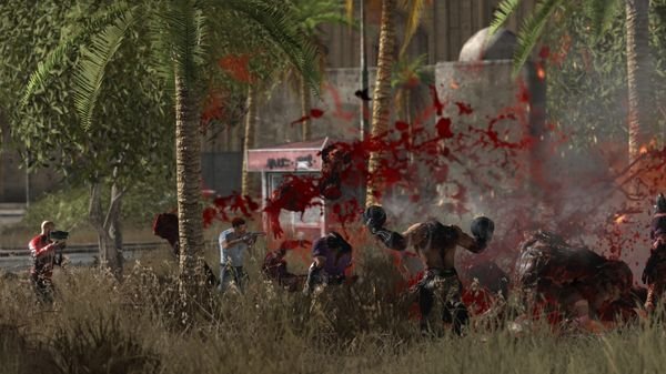 Screenshot from Serious Sam 3: BFE showing enemies in a grassy area near palm trees, with explosive action and gore.